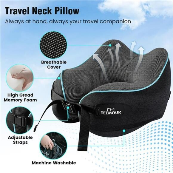 Memory Foam Travel Neck Pillow for Airplane 360 Support Compact Flight Headrest - Picture 5 of 7